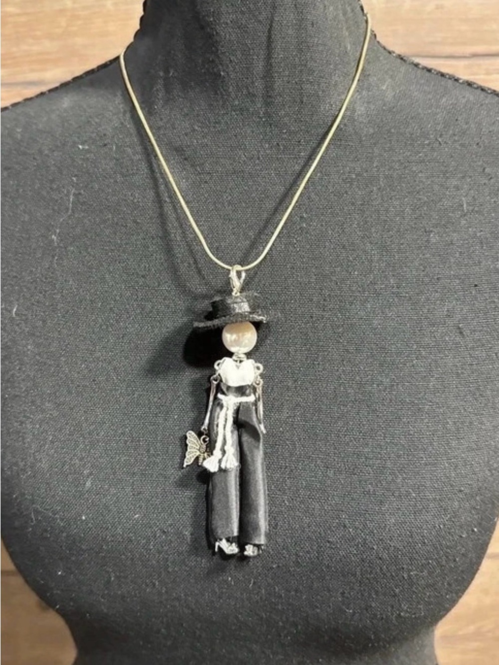 Source Unknown Black Doll Pendant Necklace with Silver Accents